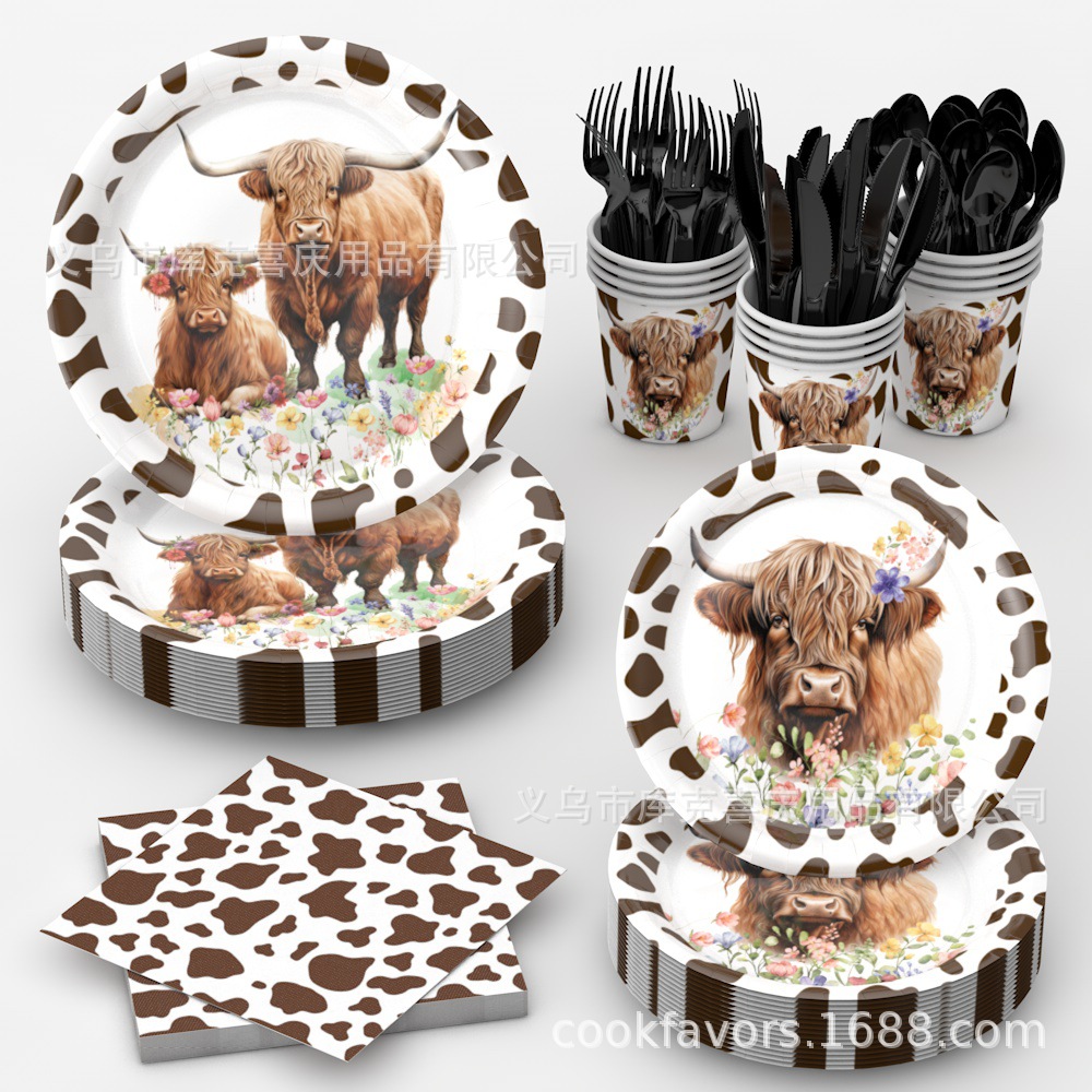 Amazon Highland Cow Theme Bandeja de papel vaso de papel toalla de papel juego de vajilla vaca marrón fiesta de cumpleaños suministros de decoración