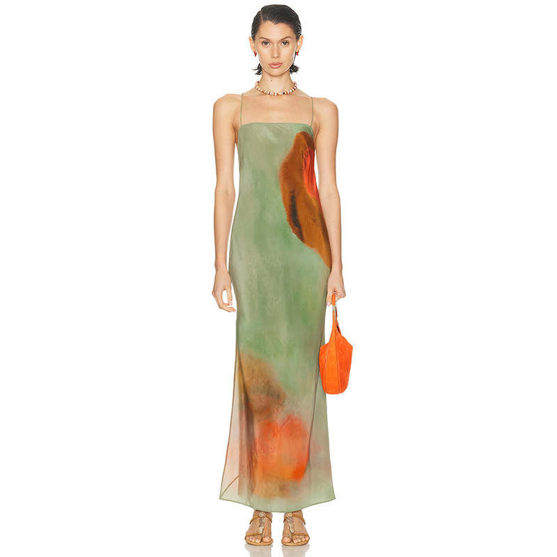 In Stock 1093 Summer New Style 2025 Watercolor Print Mulberry Silk Square Neck Strap Long Dress Holiday Vibe Vacation Style