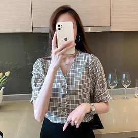 现货 法式微醺波点雪纺圆领短袖T恤女夏季新款时尚宽松百搭薄衬衫