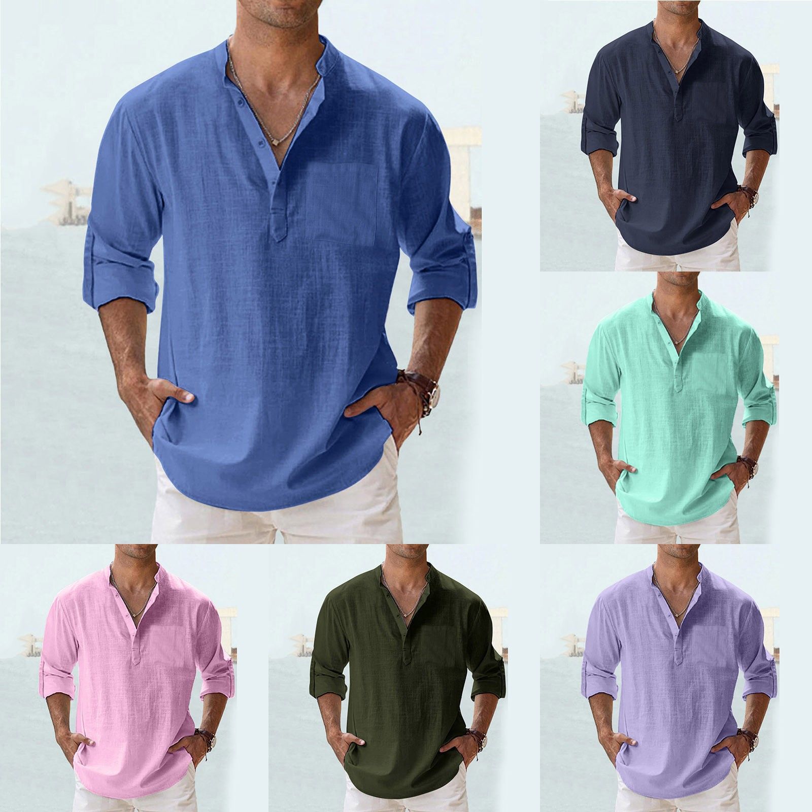 跨境外贸男装亚麻立领长袖T恤宽松汗衫纯色长袖棉麻衬衫男纯色