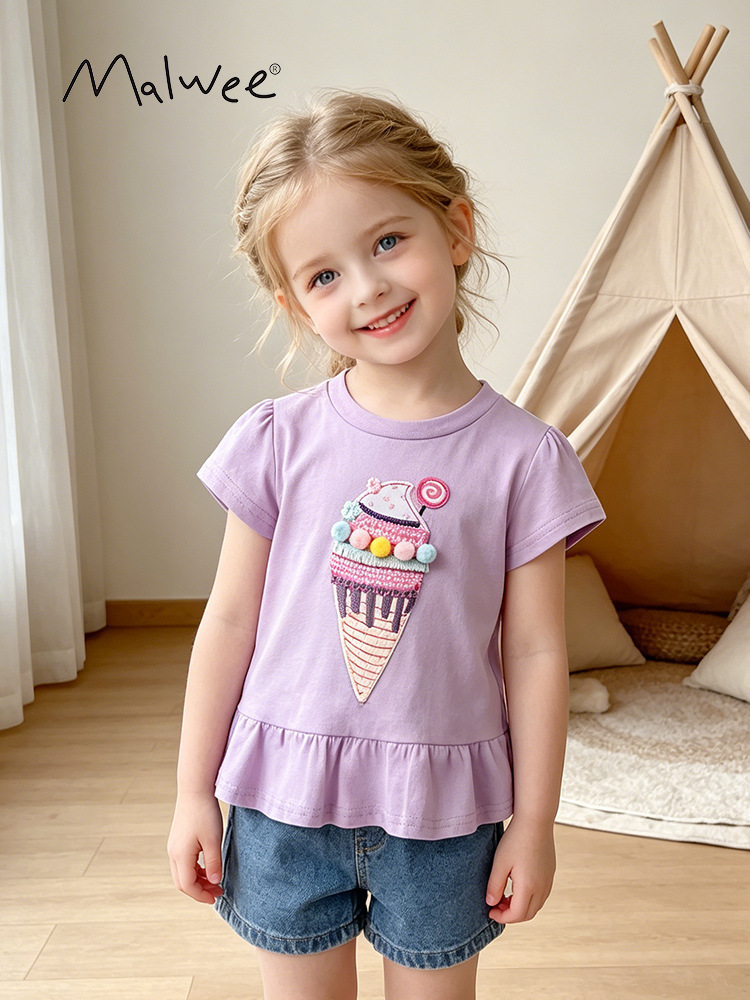 Malwee Camiseta de manga corta suelta verano nuevo europeo y americano niños niñas camiseta de una sola pieza entrega