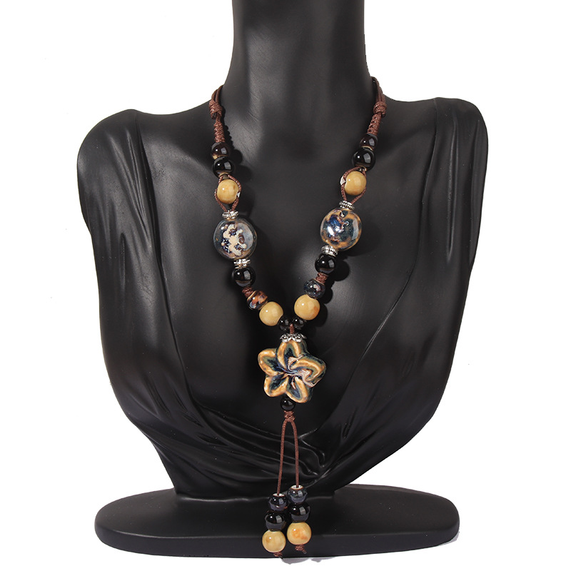 55g Weight Long Necklace Classification Wholesale Jewelry Retro Plaid Flower Rope Ceramics Long Necklace