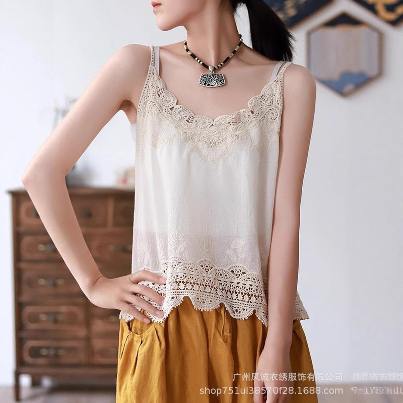 Summer New Style Artistic Style Pure Cotton Vest for Women Retro Outer Wear Suspender Bottoming Embroidered Lace Hollow Top