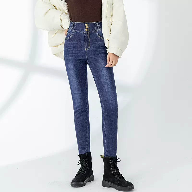 新款羽绒裤女外穿牛仔裤高腰加厚大码弹力白鸭绒棉裤小脚保暖裤子