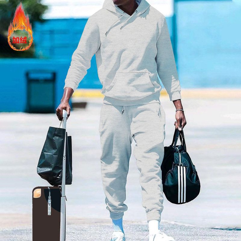 2023 estación independiente transfronteriza con capucha de lana forrada suéter de color sólido traje europeo y americano suelto casual de dos piezas ropa de hombre