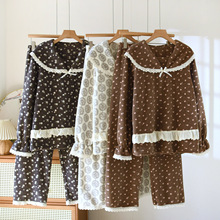 蕾丝提花甜美可爱雪粒绒睡衣秋冬新款女士海军领保暖家居服可外穿