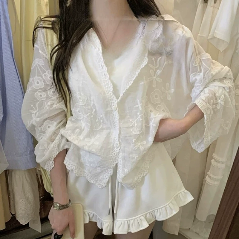 Корейский стиль, дизайн, вышитая кружевная солнцезащитная куртка с капюшоном, женская весенне-летняя свободная рубашка с длинными рукавами