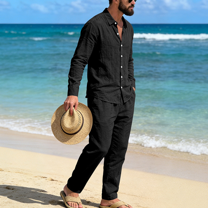 Set camicia in lino da uomo maniche lunghe completo casual mare_voghion.com