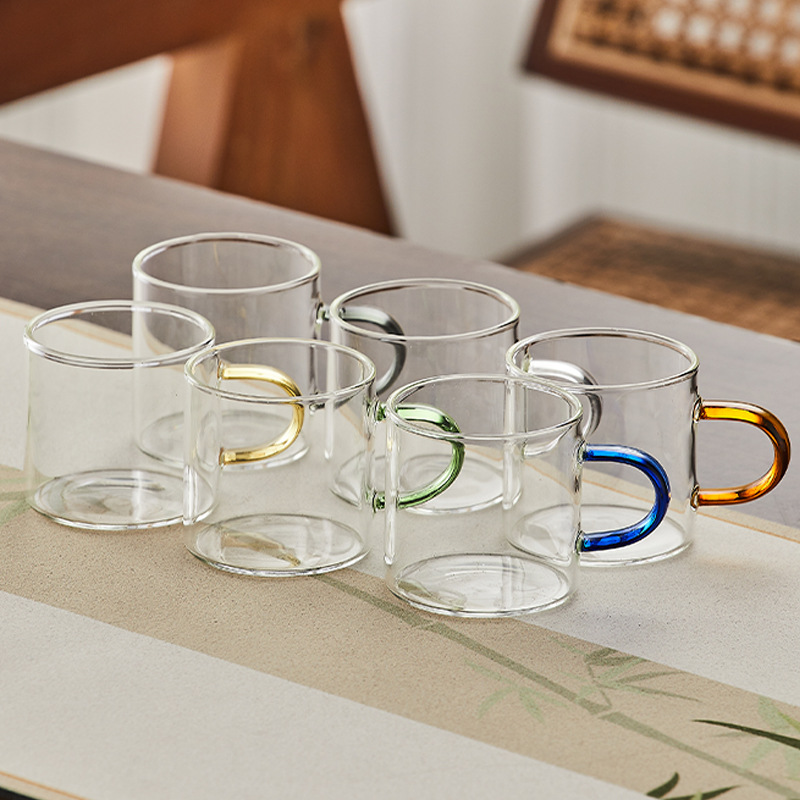 Taza de té de vidrio de alto silicio con mango de kung fu transparente taza de té de sabor de taza de té retrógrado multicolor opcional