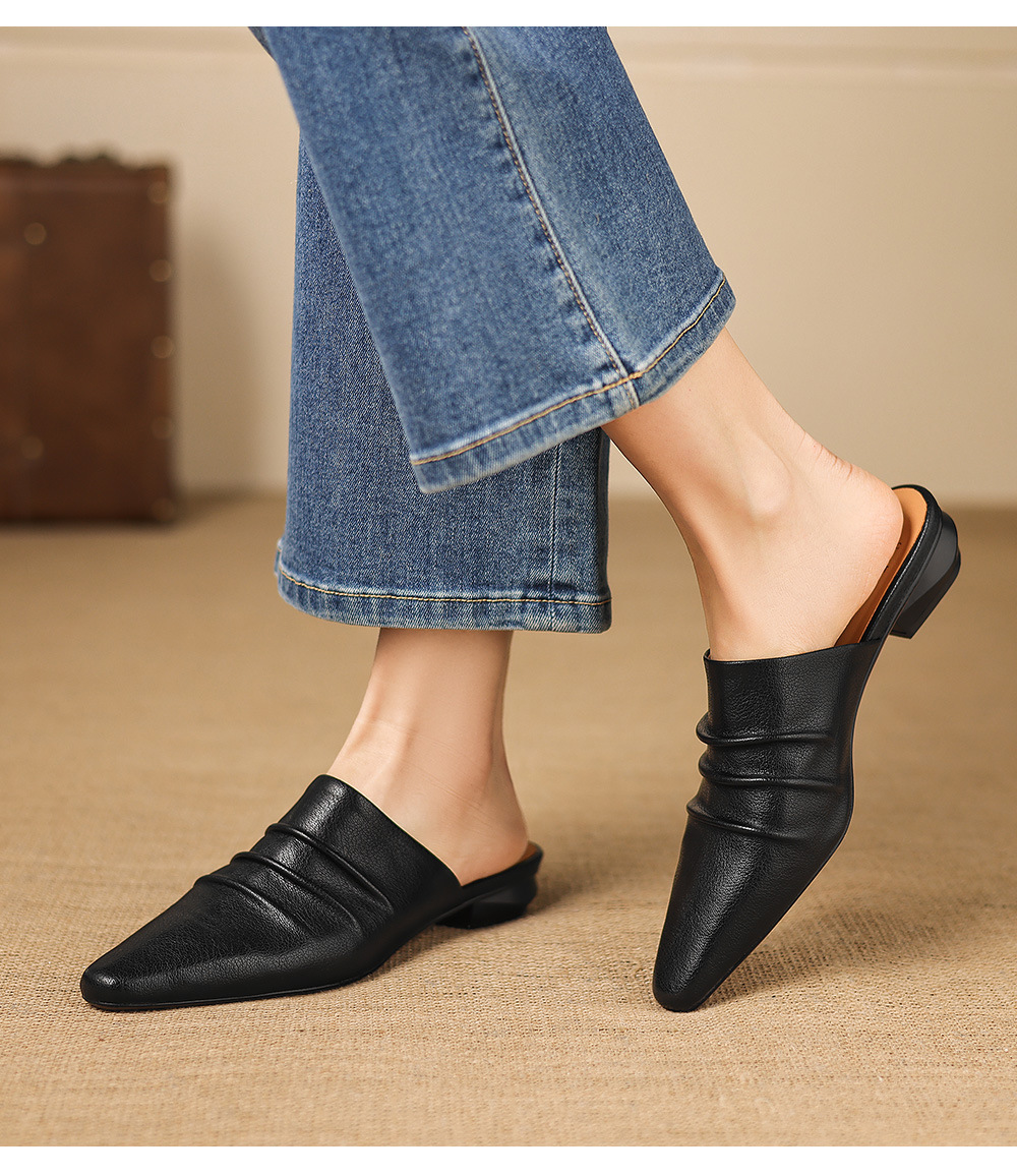 Dép sandal nữ bít mũi quai chữ V đế thấp da bò mùa xuân hè — đen chi tiết 15