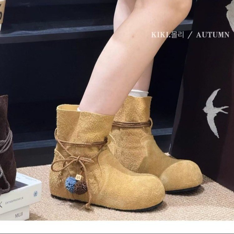 时尚流苏蝴蝶结粗跟短靴女2025秋冬复古风新款绒面气质百搭时装靴|undefined