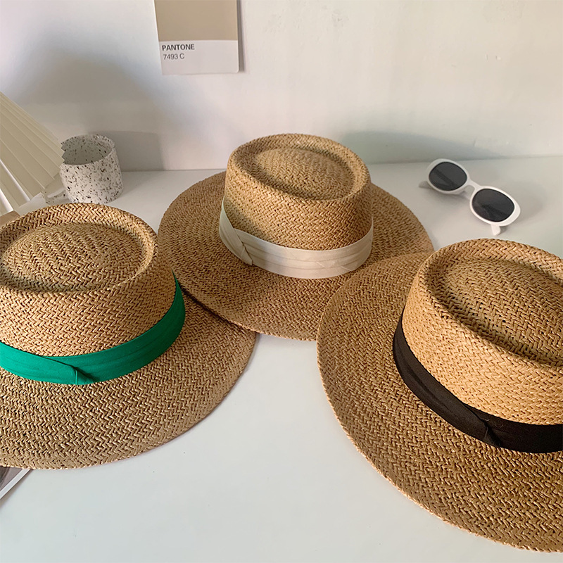 Summer beach flat top hat for girls, large brimmed straw hat for beach vacation, sunshade and sun protection, Panama straw hat