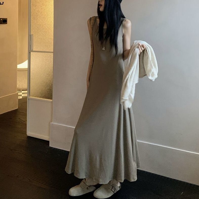 简约复古套装女夏季新款休闲慵懒风针织罩衫纯色背心连衣裙两件套|undefined