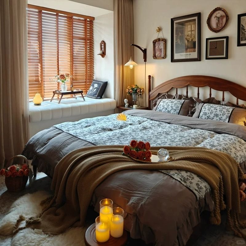 All Solid Wood Windsor Bed, Antique Style Master Bedroom, American French Retro Double Bed, New Chinese Style Walnut Color Harp Bed