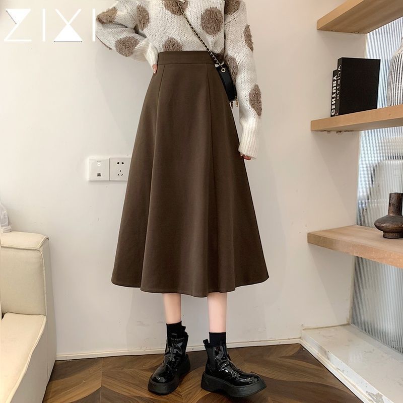 毛呢半身裙女秋冬新款中长款高腰a字裙显瘦伞裙小个子宽松长裙子|undefined