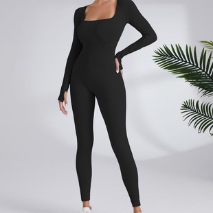 Cross-border Autumn and Winter Threaded Long-length Yoga Suit Women's Quick-drying Running Fitness Sports Jumpsuit Long-sleeved Yoga Pants