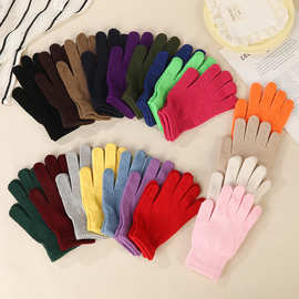 冬季保暖针织手套成人男女款糖果色纯色五指情侣款防护简约条纹