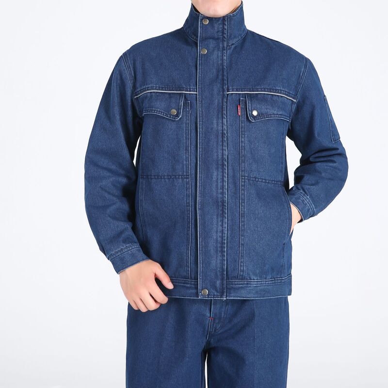 清風夏用デニム作業服 メンズ 耐熱 耐摩耗 耐汚れ 自動車修理工場服 長袖 溶接服 労働保護服セット|undefined
