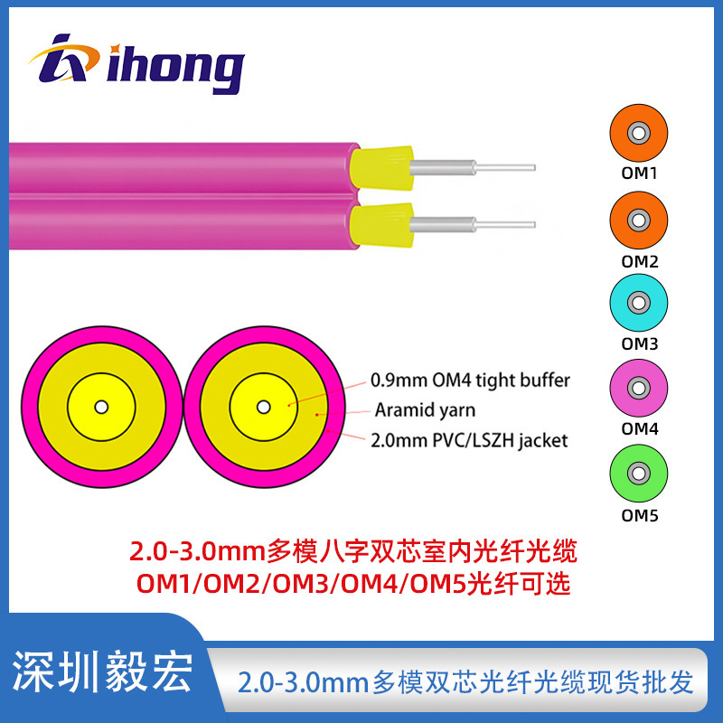 In-Stock 2.0-3.0mm Multimode Figure-Eight Dual-Core Indoor Optical Cable Om1/Om2/Om3/Om4/Om5 Fiber Options Available In-Stock 2.0-3.0mm Multimode Figure-Eight Dual-Core Indoor Optical Cable Om1/Om2/Om3/Om4/Om5 Fiber Options Available