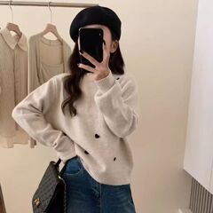 甜美纯色毛衣女秋冬宽松慵懒立体爱心圆领针织衫内搭休闲长袖上衣