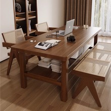 妙鐵全實木餐桌書桌一體客廳家用飯桌大板工作台白蠟木長方形桌子