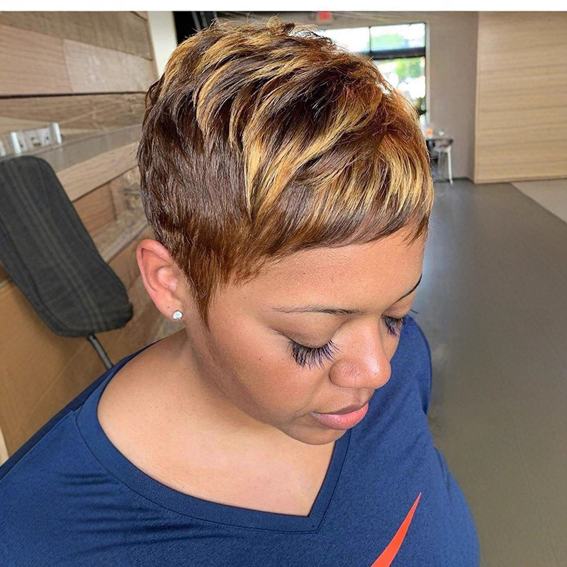Cross-Border Wig Hair European and American Wig Female Golden Gradient Short Straight Hair Pixie Wigs Machine-Made Wig Full Headgear