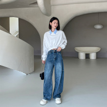 2024秋季新款女式直筒牛仔裤女工装设计感休闲宽松显瘦阔腿拖地裤