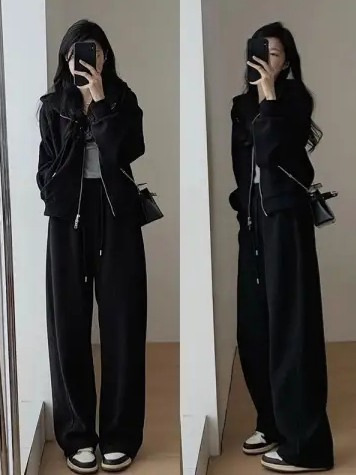 休闲卫衣连帽运动套装女2025秋冬季新款港风宽松显瘦阔腿裤两件套|undefined