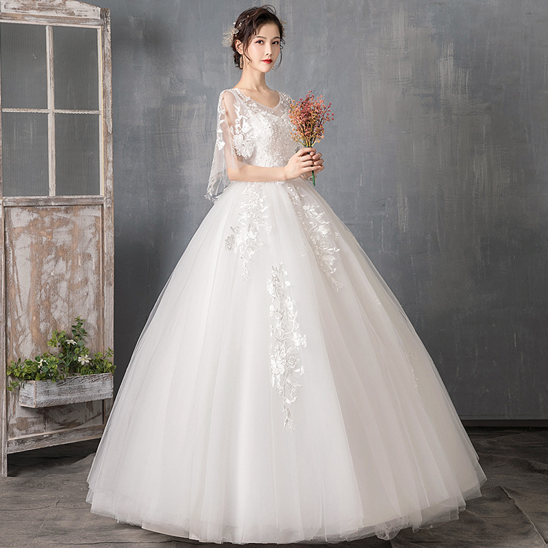 Vestido de novia de manga larga estilo 2026, de cintura alta y cola, para novias jóvenes, delgadas y pequeñas, vestido de boda de una pieza, venta al por mayor.