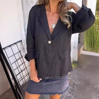 2024春季新款文艺大码宽松纯色纽扣西服领棉麻小西装西服外套女