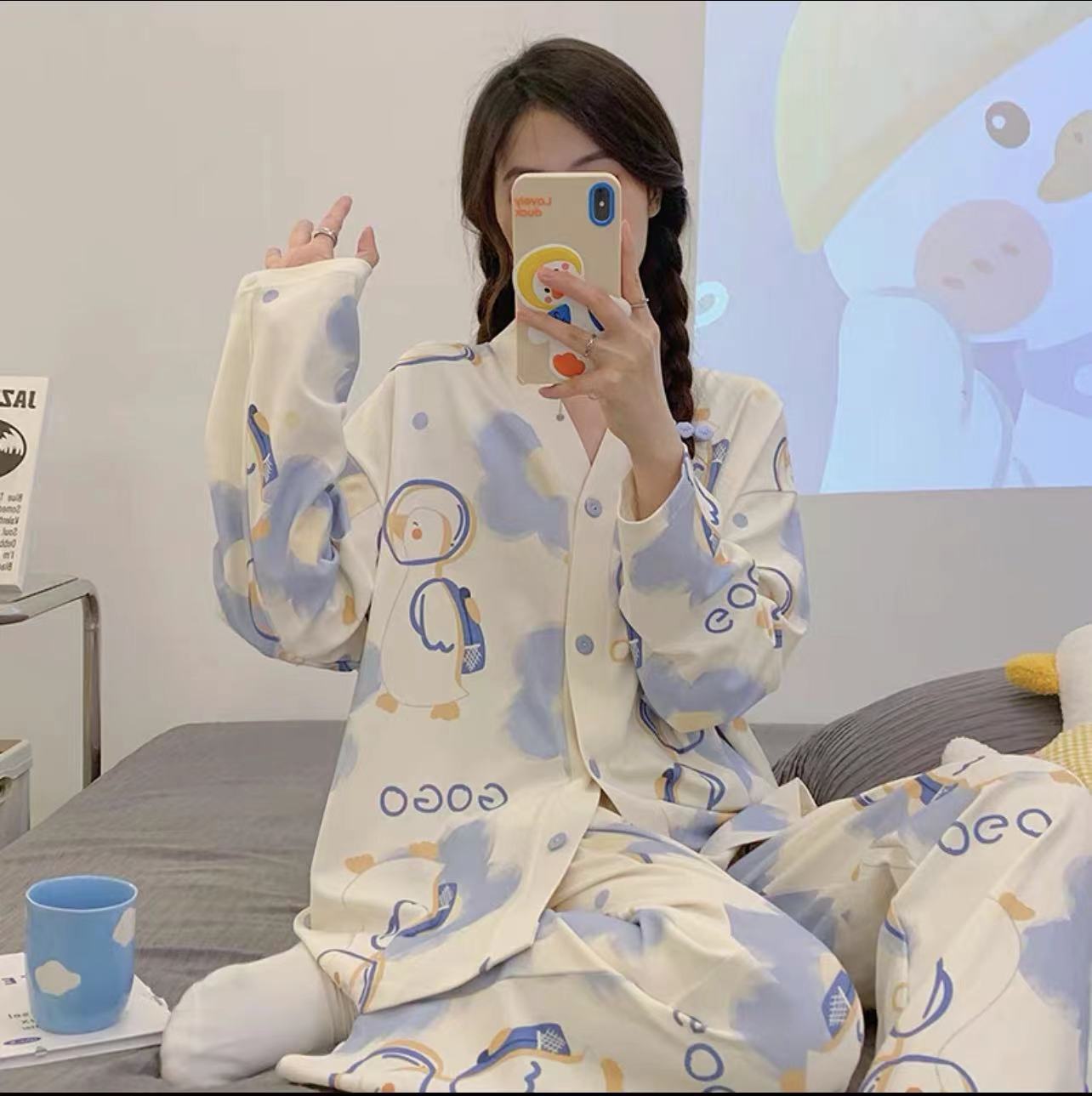 2025 pijama de perro de jade Gui primavera y otoño para mujeres manga larga dibujos animados adorables estudiantes adolescentes gran tamaño gordo mm ropa de hogar