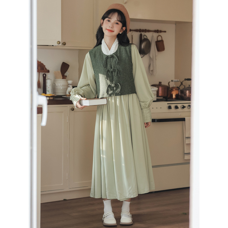 青黛明制春秋2025新款改良汉元素日常毛呢马甲+背心连衣裙套装女|undefined