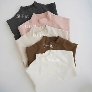 2024 new all-match boys and girls children self-heating soft grass ginger warm velvet small high collar base shirt-parent-child