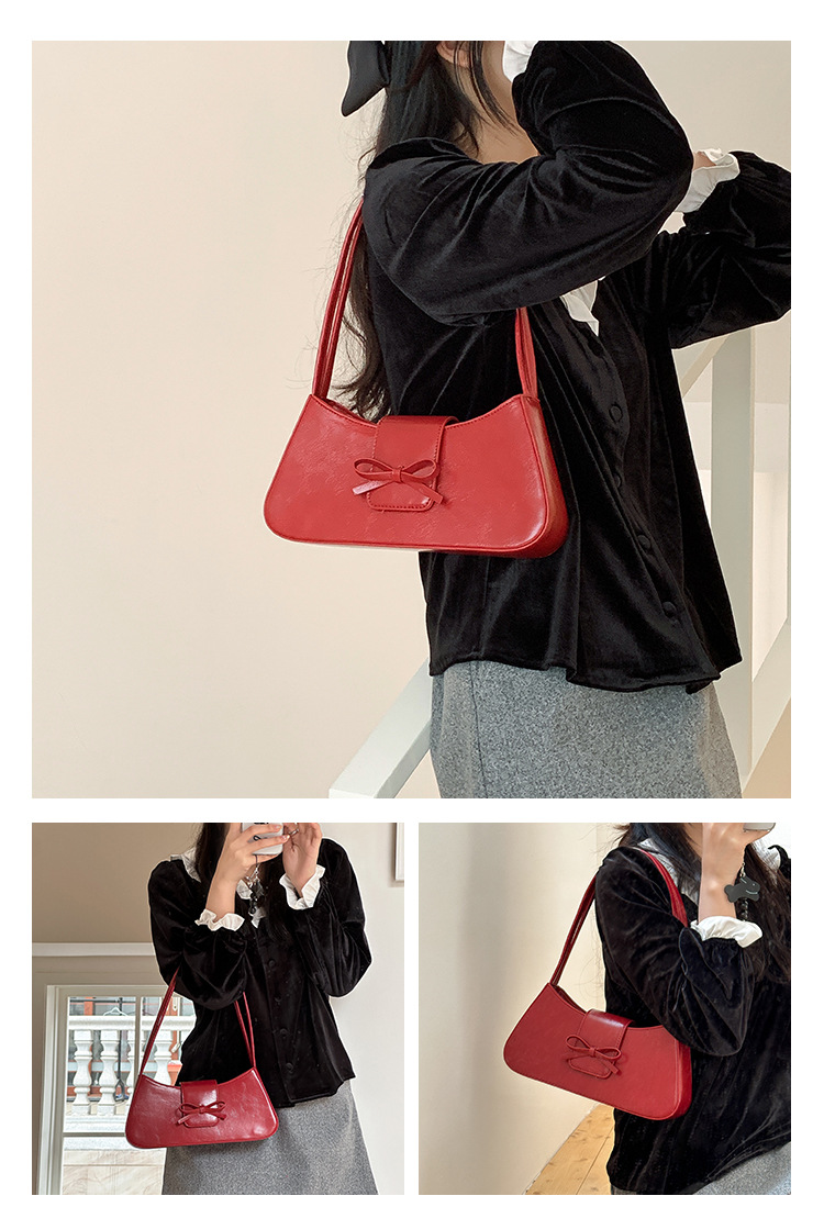 Borsa a tracolla singola rossa da donna 2024, nuova versione coreana, alla moda, minimalista, con fiocco sottobraccio_voghion.com