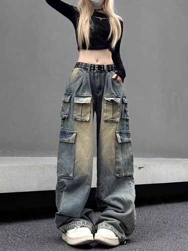 American large-size pocket design work jeans, women's high street straight loose wide-leg drag-down pants