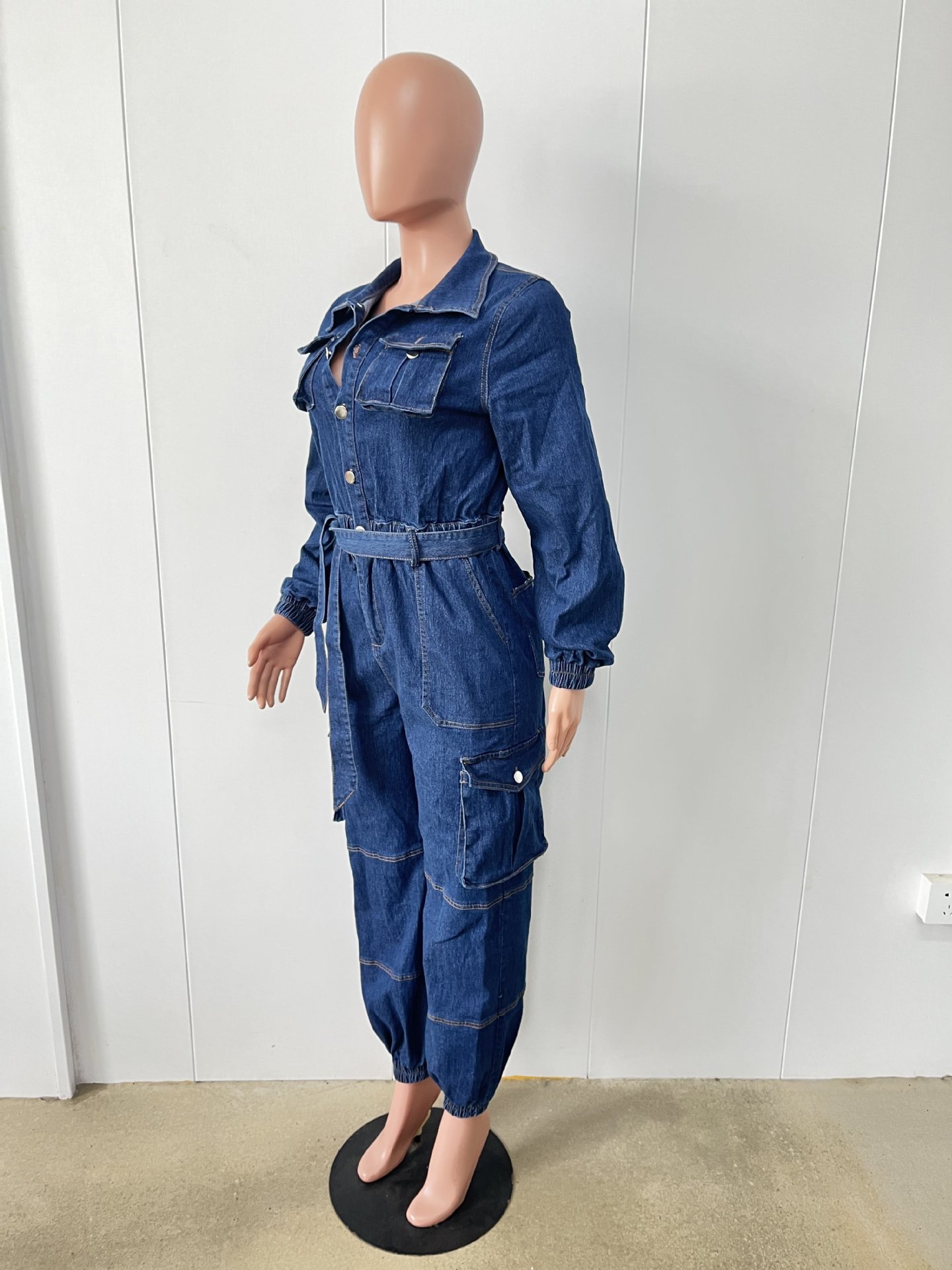 Women's Clothing 3571 New Fashion Street Style Waist hugging Body shaping Multi pocket Elastic Waist Denim Overalls Jumpsuit_voghion.com