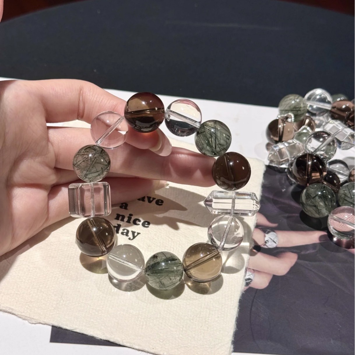 Lucky Persimmon|Natural Transparent Double-A Tea Green Rutilated Double-pointed White Crystal, High-end Crystal Bracelet_voghion.com