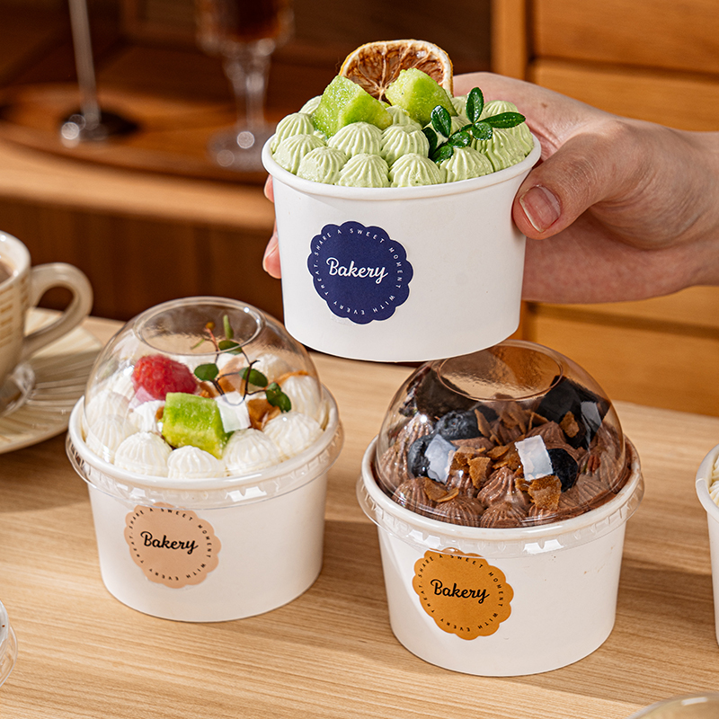 Taza de papel para pastel, taza de mousse con taza de tapa, caja de embalaje de papel para pudín, caja de postre para hornear, pequeña caja desechable