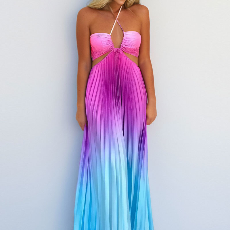 Women's Elegant Hollow Out Halter Neck Dress Spring 2026 Sexy Gradient Color Long Casual American Style Summer Clothing_ecoleips.com