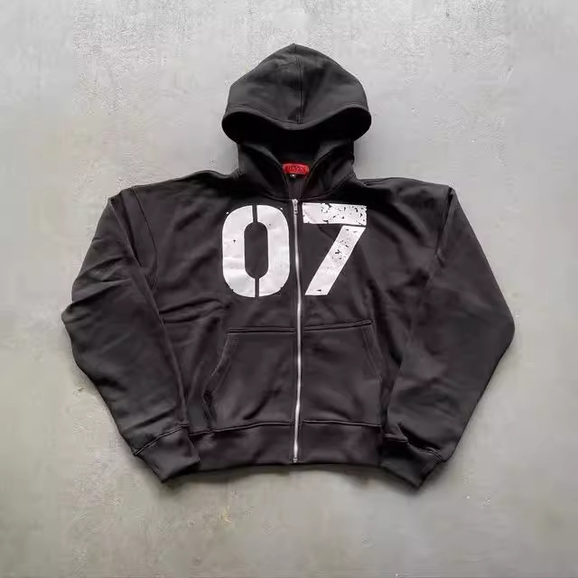 Independent Station Cross-Border Trendy Streetwear 07 Loose Sweatshirt and Sweatpants Unisex Hip-Hop Sports Zipper Hooded Sweatshirt