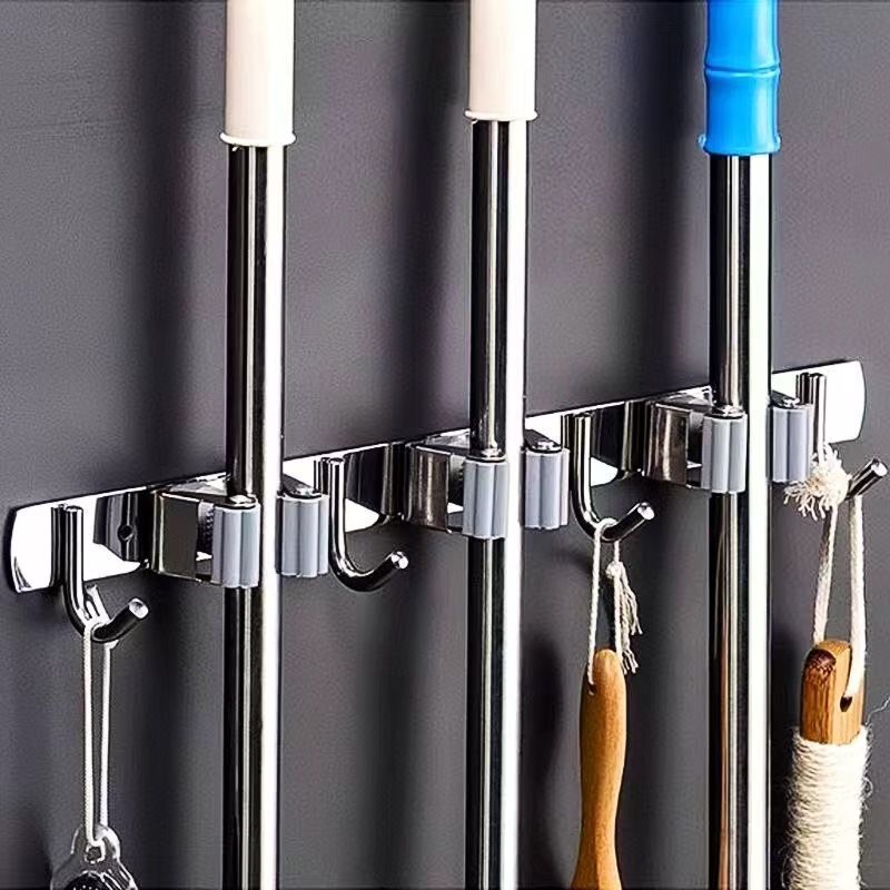 Cross-Border Stainless Steel Mop Rack, Punch-Free Mop Clip, Broom Hook, Bathroom Wall-Mounted Floor Mop Thickened Storage Rack