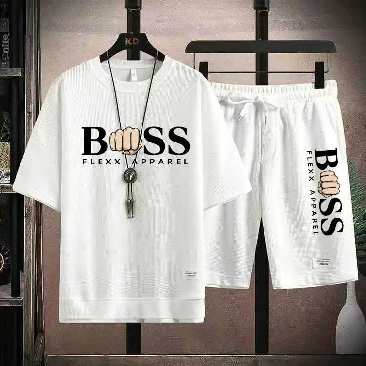 Мужской спортивный костюм-двойка, летняя свободная футболка с коротким рукавом, вафельная текстура, оптом