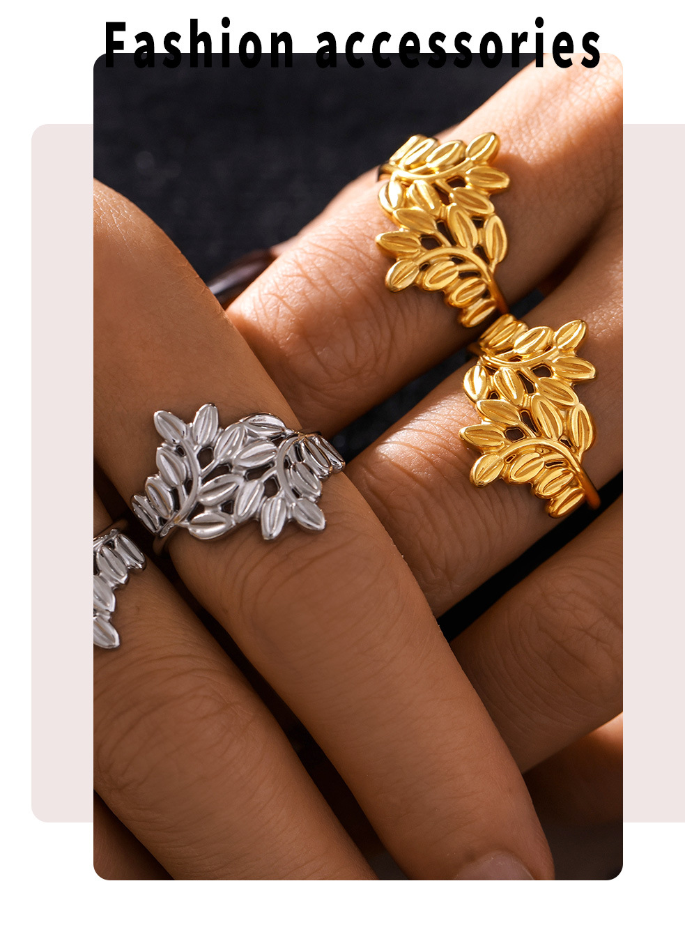 Anello aperto in acciaio inossidabile con linea cava, alla moda, non sbiadisce, bracciale con anello da donna con foglia di temperamento_voghion.com