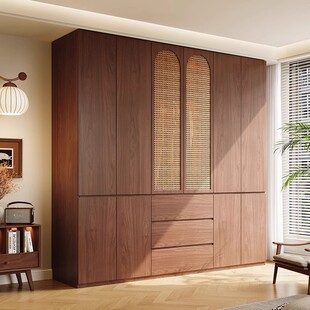 Medieval Style Solid Wood Wardrobe Walnut Oak Rattan Weaving Craft Flat Door Segmented Handle-Free Large Wardrobe
