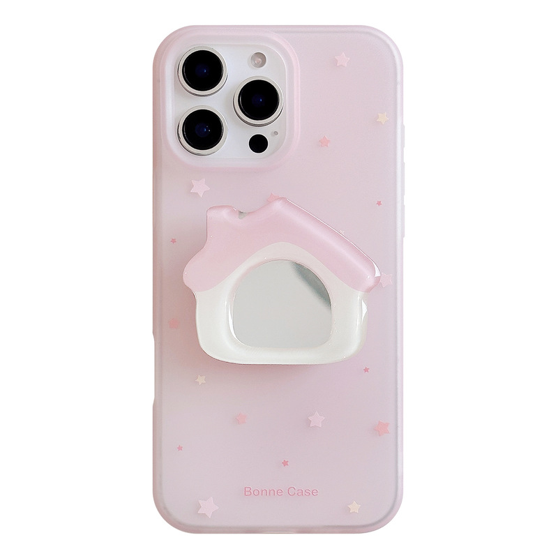 インスタ映えピンクハウスミラー付きスタンド iPhone15Pro Max/Apple 16/13/17対応 ニッチスマホケース|undefined