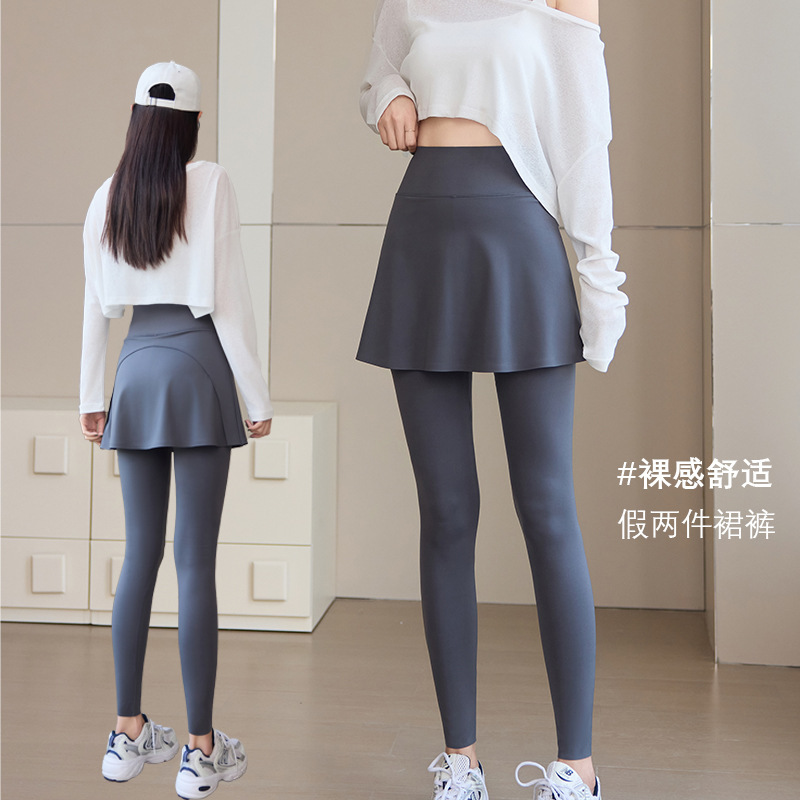 Fake Two-Piece Leggings, Spring & Fall High-Waisted Shark Pants, Women's Outer Wear, Tummy-Tightening, Butt-Lifting, Slimming Look Yoga Skirt