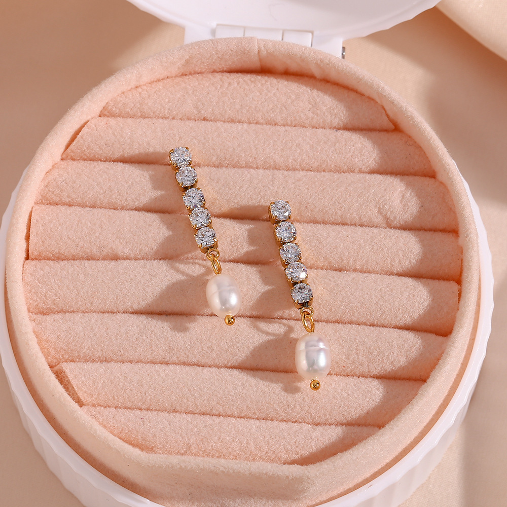 Geometric Pattern 1 Pair Luxurious Geometric Inlay Stainless Steel Pearl Zircon Drop Earrings