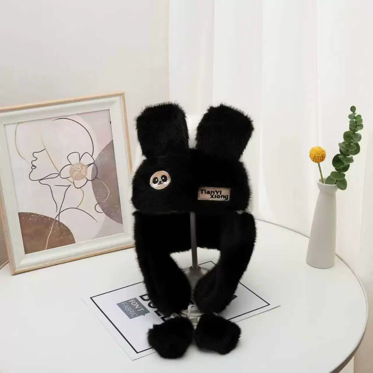 可爱黑白熊猫毛绒雷锋帽子女秋冬加厚防寒保暖护耳帽毛茸茸帽子潮