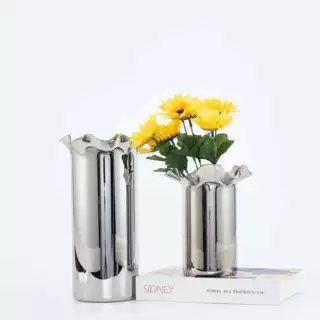 客厅插花餐桌样板房现代装饰插花器创意玻璃银色花器摆件玄关