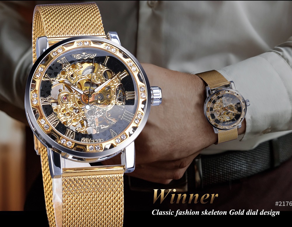 Men's Skeleton Mechanical Watch With Rhinestone Mesh Strap_voghion.com